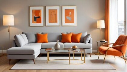 A living room with a couch a table and a lamp