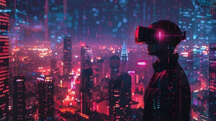 Futuristic Virtual Cityscape with Sleek VR Headset