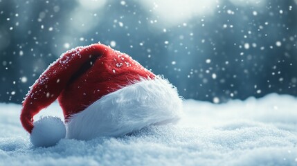 A 3D Santa hat with a fluffy pom-pom on a snowy background