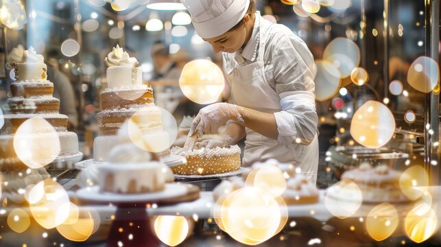 A skilled baker decorates a delicious cake amid bright, festive lights, showcasing the art of pastry and dessert creation.