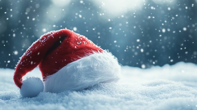 A 3D Santa hat with a fluffy pom-pom on a snowy background