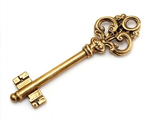 A shiny golden key on a white background