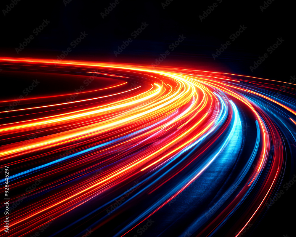 Poster vibrant long exposure light trails create a dynamic and colorful motion effect against a dark backgr