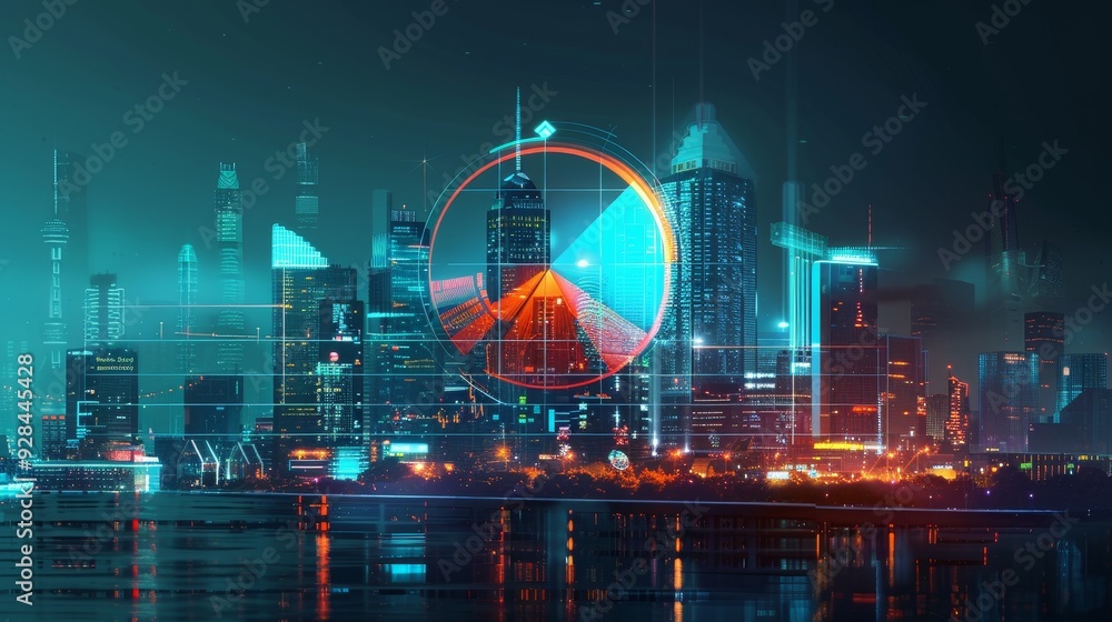 Aufkleber this image depicts a futuristic cityscape with a large pie chart data visualization, symbolizing gro