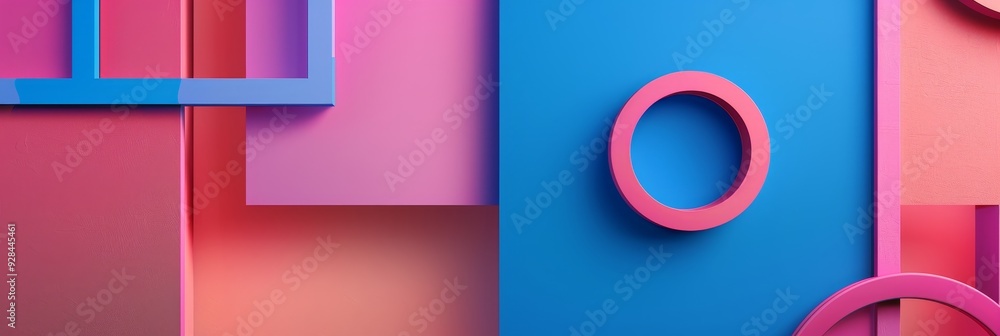Aufkleber this image features a colorful abstract background with pink, blue, and red geometric shapes overlap