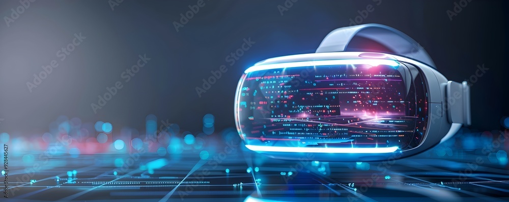 Poster futuristic vr headset with holographic projection capabilities displaying virtual interface