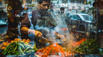 A skilled chef prepares vibrant dishes at a busy street food stall, showcasing fresh ingredients and culinary expertise.