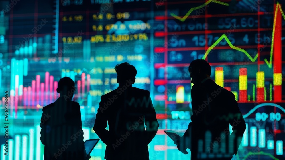 Poster three business professionals stand in silhouette in front of a large screen displaying financial dat