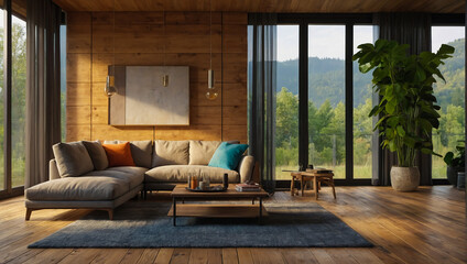 Beautiful modern living room with sofa on wooden floor.AI generated