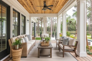 Charming white and wood front porch with pine cove ceiling bathed in natural light, highlighting cozy outdoor living space.