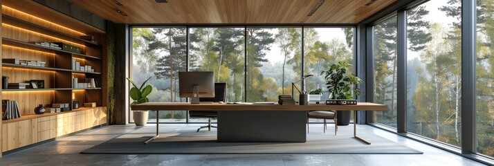 Modern office interior with white and wooden elements, black desk, chairs, and bookcase near a window overlooking a forest, minimalist design for a tech company or executive room.