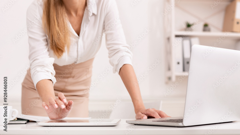Poster business gadgets. unrecognizable office girl using tablet and laptop computer working at workplace. 
