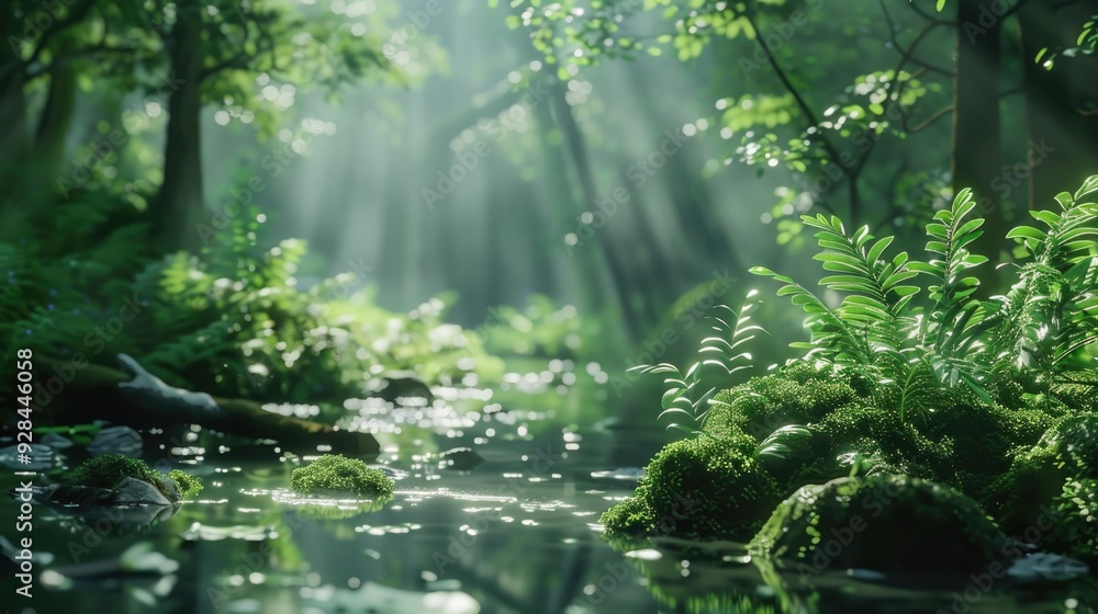Poster a serene forest scene with a stream running through the lush greenery