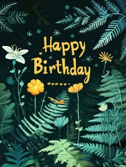 A vibrant birthday greeting featuring flowers and ferns against a dark background.