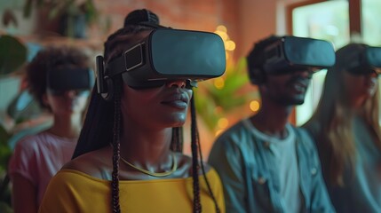 Naklejka premium Friends Engaging in Collaborative Virtual Puzzle Game with VR Headsets in Room