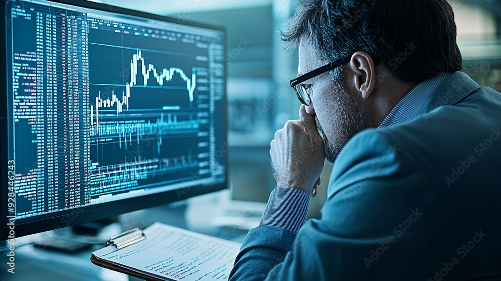 Poster a financial analyst examines stock market charts on a computer screen, with a notepad nearby showing