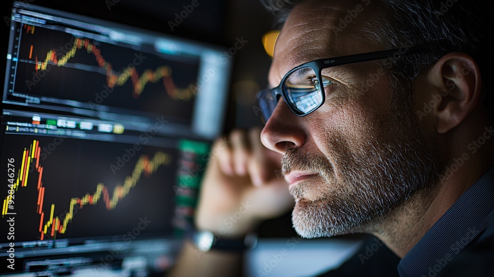 Poster a financial analyst examines stock market charts on a computer screen, with a notepad nearby showing