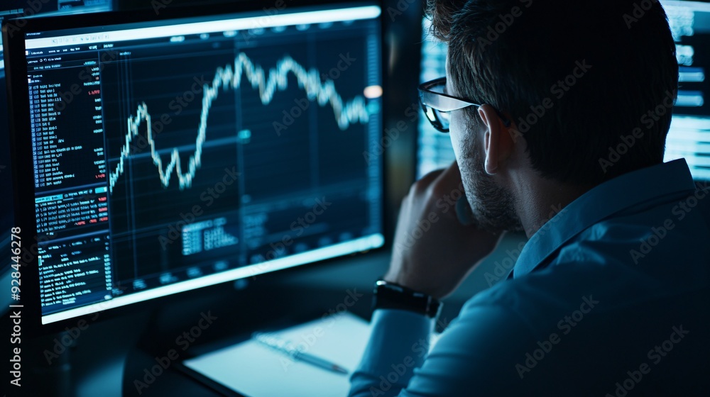 Poster a financial analyst examines stock market charts on a computer screen, with a notepad nearby showing