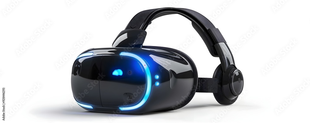Poster futuristic vr headset with voice commands and assistance isolated on white background