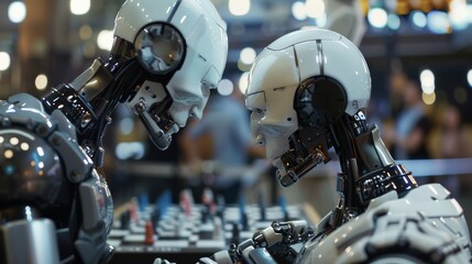 Fototapeta premium Robots engage in a chess match at a technology exhibition during the evening