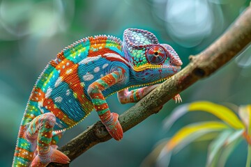 A brightly colored chameleon changing color on a branch copy space for highlighting adaptability or versatility. (Change