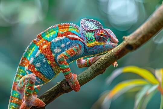 A brightly colored chameleon changing color on a branch copy space for highlighting adaptability or versatility. (Change