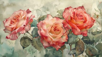 A beautiful watercolor painting of blooming roses, showcasing soft pink and peach hues, perfect for decor or floral themes.