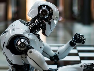 Fototapeta premium A humanoid robot sits focused on a chessboard in a modern, well-lit indoor environment