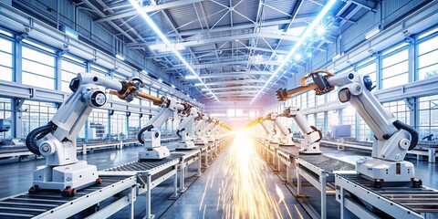 Advanced Robotic Manufacturing Facility. This image showcases a state-of-the-art robotic manufacturing facility, featuring rows upon rows of industrial robots lined up in perfect synchronization.