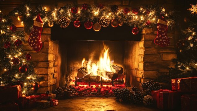 Cozy Christmas Fireplace with Stockings, Garland, and Festive Decorations
