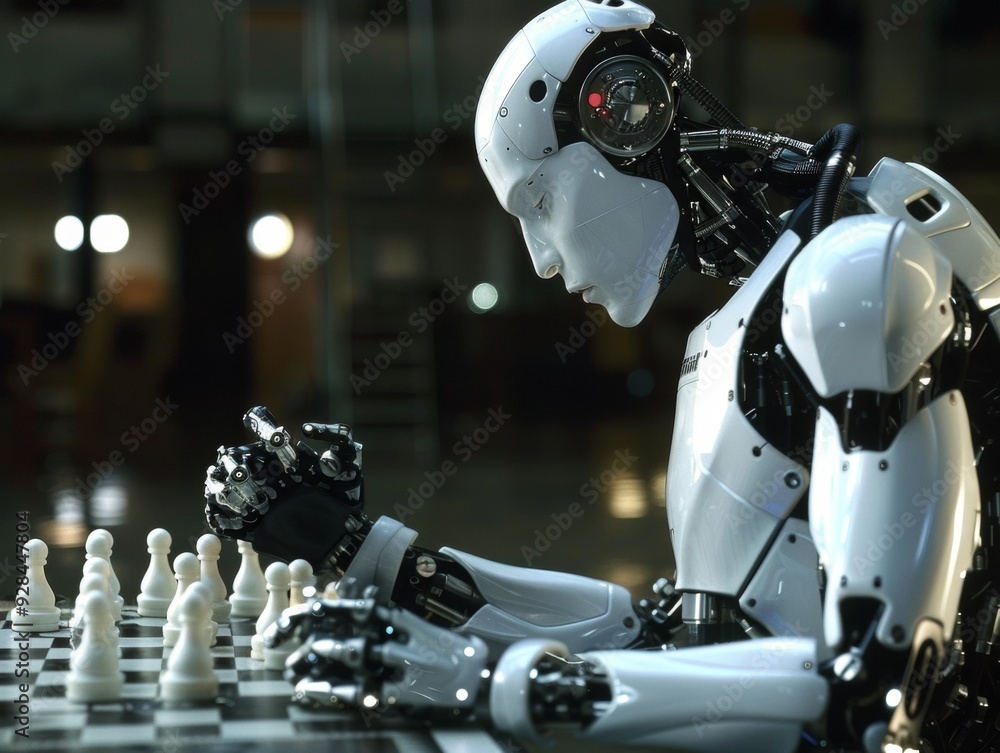 Poster robot playing chess in a modern laboratory setting during the evening