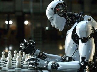 Robot playing chess in a modern laboratory setting during the evening
