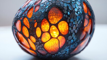 Closeup of a fantasy dragon egg with intricate scales, glowing cracks, soft diffused lighting,