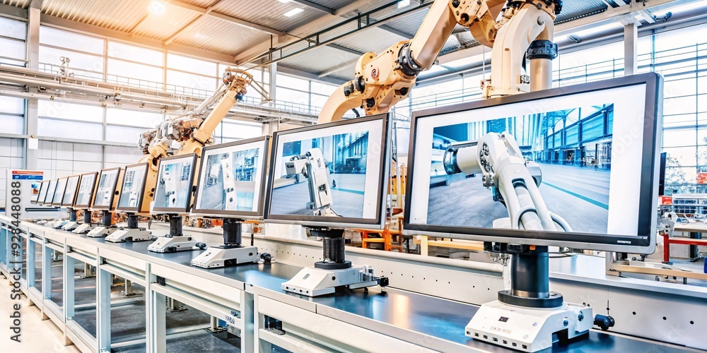 Aufkleber robotic arms and monitors in a modern factory. a row of robotic arms and computer monitors in a brig