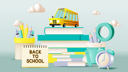 Back-to-School Scene with Books, Bus, and Stationery