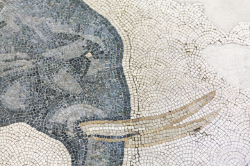 Elephant head close-up. Byzantine mosaic from Justinian period, Istanbul, theme of historical art....