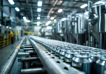 Fototapeta premium Automated Precision: Inside a Modern Factory’s High-Tech Production Line with Advanced Conveyor Systems and Efficient Workflow