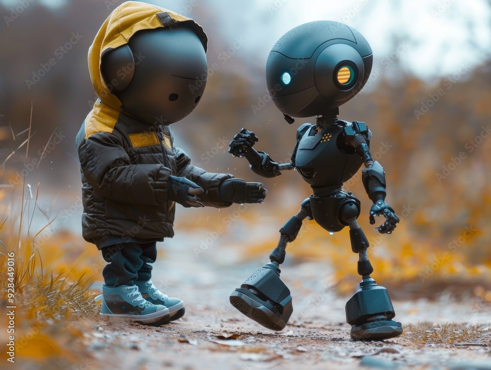 Poster a child interacts with a small robot on a colorful autumn path in a park