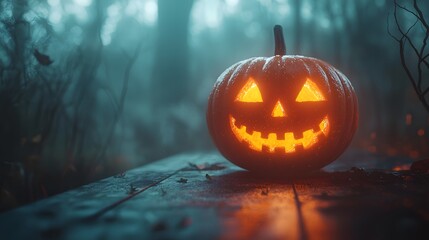 A Captivating Glowing Pumpkin Illuminates the Spooky Atmosphere of Halloween Night with Enchanting Charm