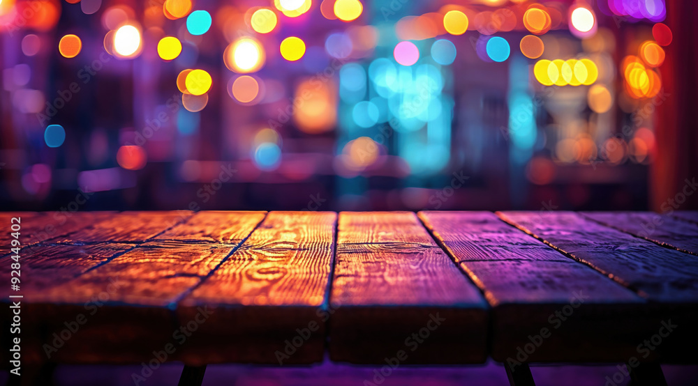 Aufkleber empty wooden table top showing festive bokeh lights background
