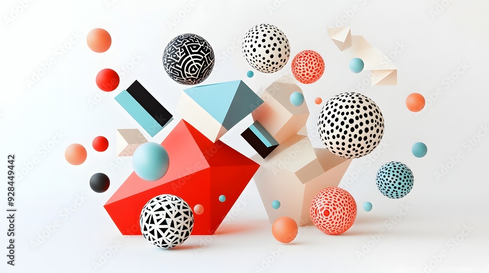 Poster 66. floating geometric shapes and intricate patterns forming a modern 3d arrangement isolated on a c
