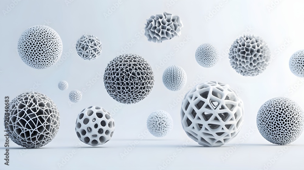 Poster 66. floating geometric shapes and intricate patterns forming a modern 3d arrangement isolated on a c