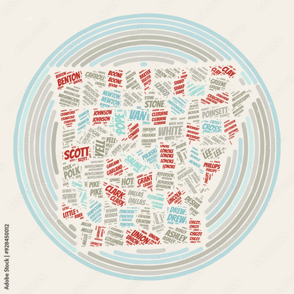 Poster typography style image of arkansas state. counties word clouds of arkansas. vintage image design wit