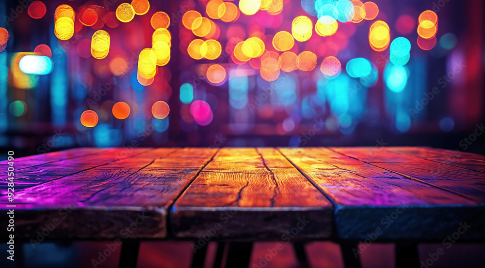 Aufkleber Empty wooden table top with colorful bokeh lights background