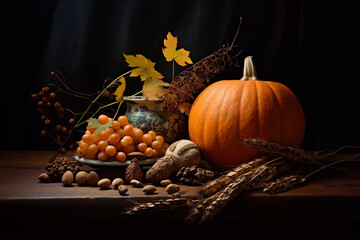 Autumn classic still life with a pumpkin, ripe wheat, nuts and leaves on a table on dark background © Delphotostock