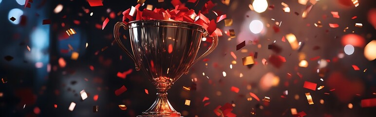 A gold trophy cup is surrounded by red and gold confetti, celebrating a victory or achievement.