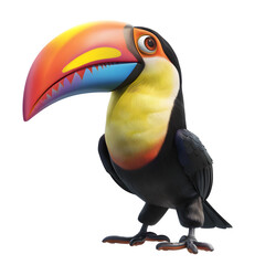 Fototapeta premium Happy cartoon toucan with a colorful beak is perched on a clear background, displaying its lively and fun design