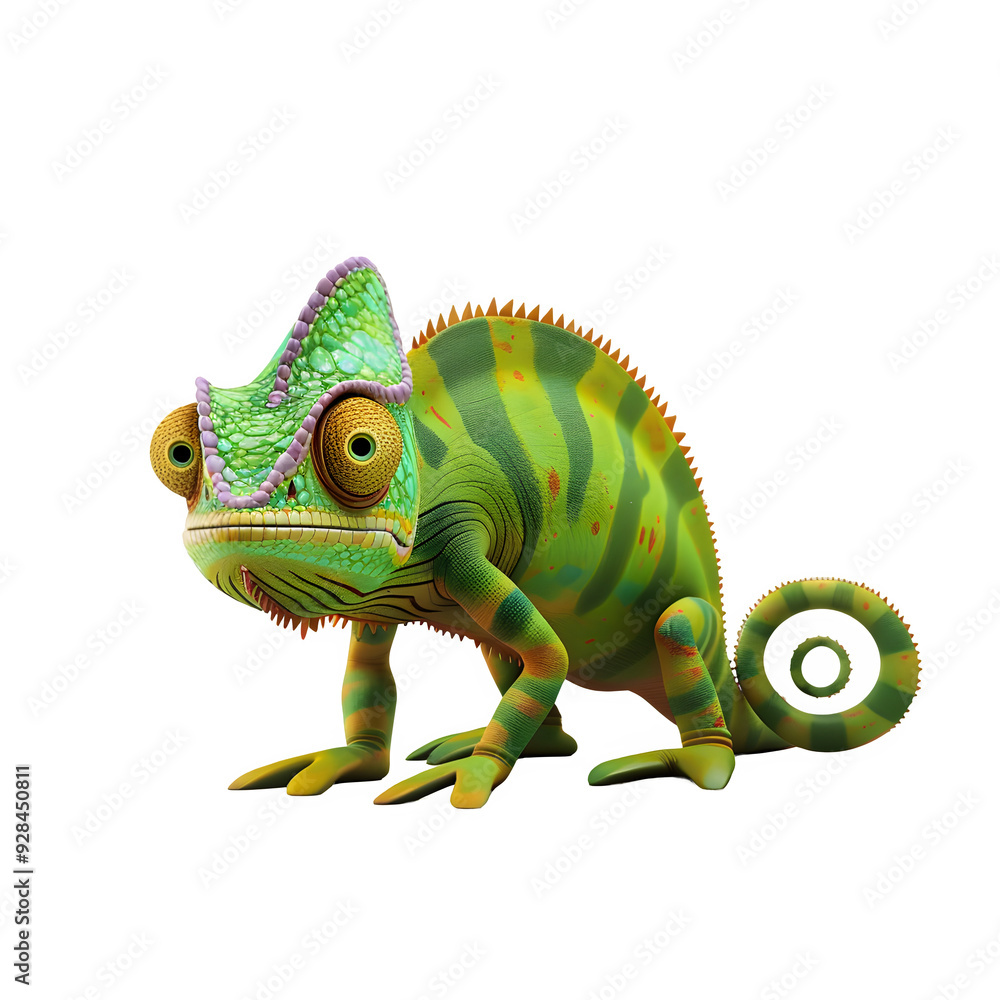 Poster Colorful chameleon displaying its vibrant green and yellow hues with intricate patterns, isolated on a transparent background, showcasing its unique features