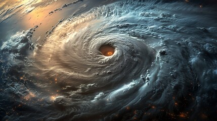 Dramatic swirling clouds forming a vortex with a glowing eye in the center.