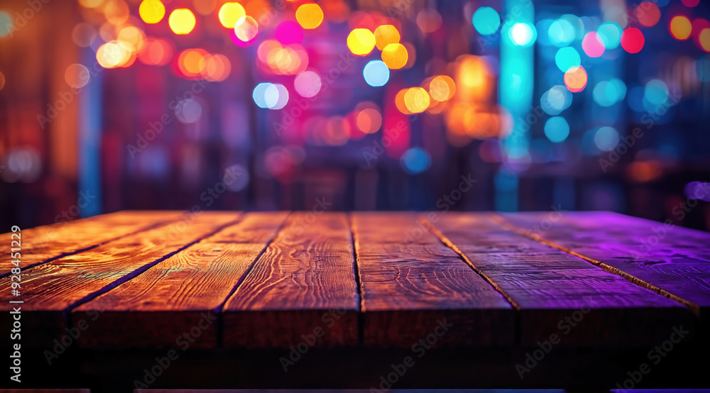 Poster empty wooden table top with colorful blurred lights background